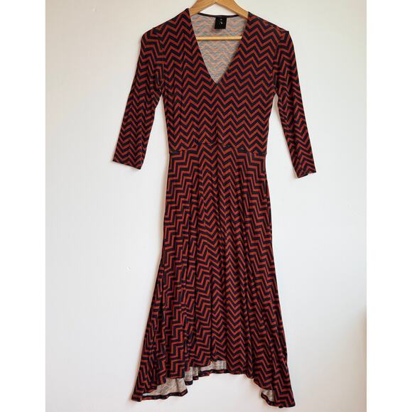 Agnes and Dora Chevron Print Midi Dress Size Extra Small Blue Red Pockets - Picture 1 of 14